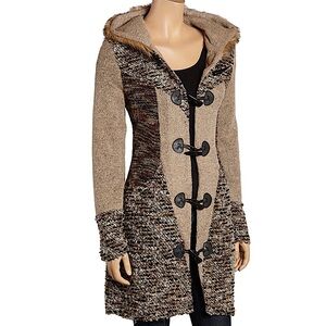 FANTAZA: Faux Fur Hooded Knit Embroidered Cardigan Sweater -Size Medium